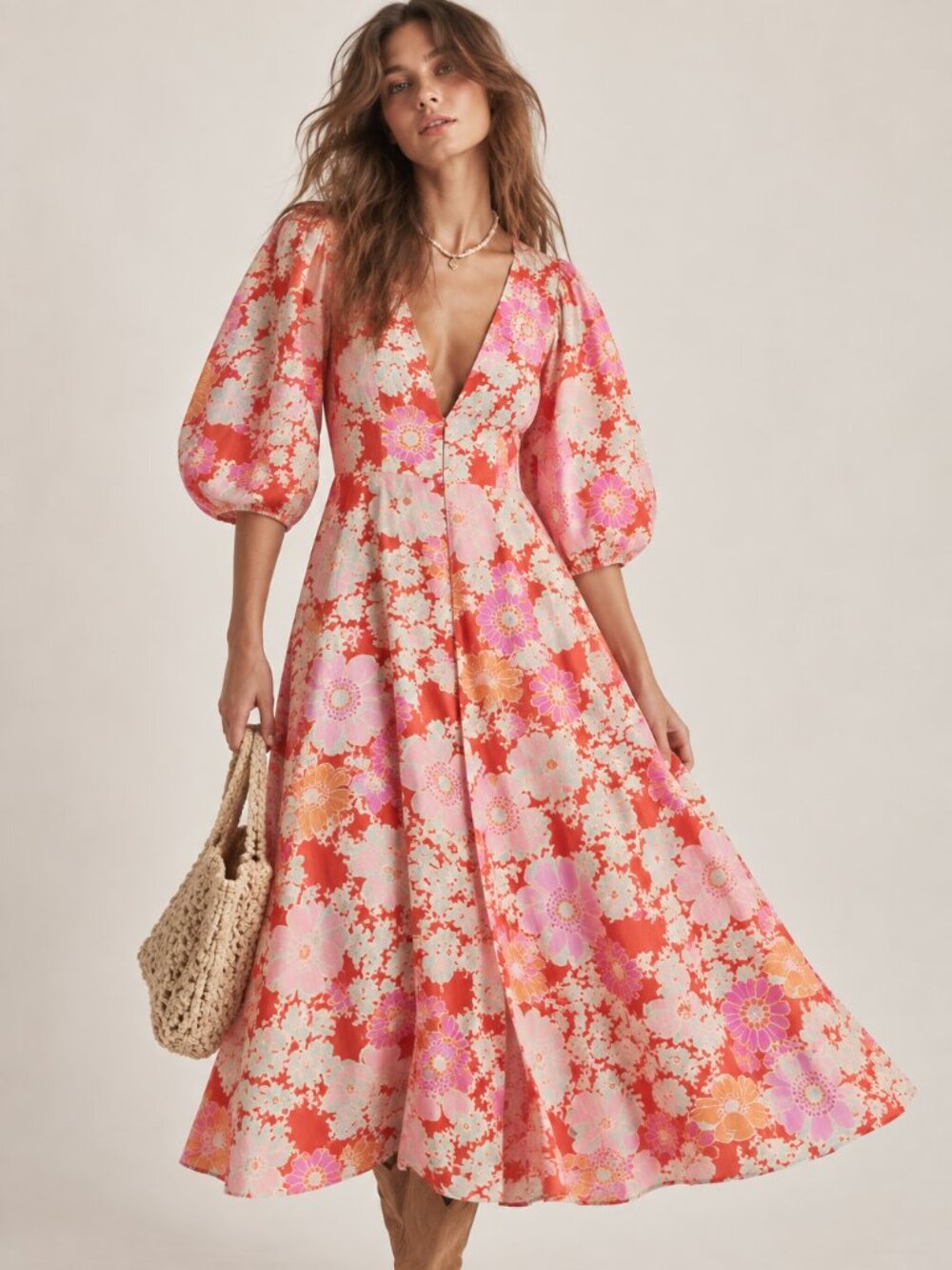 Free People Lydia Floral Print Button Up Midi Dress Puff Sleeve Boho Cottagecore